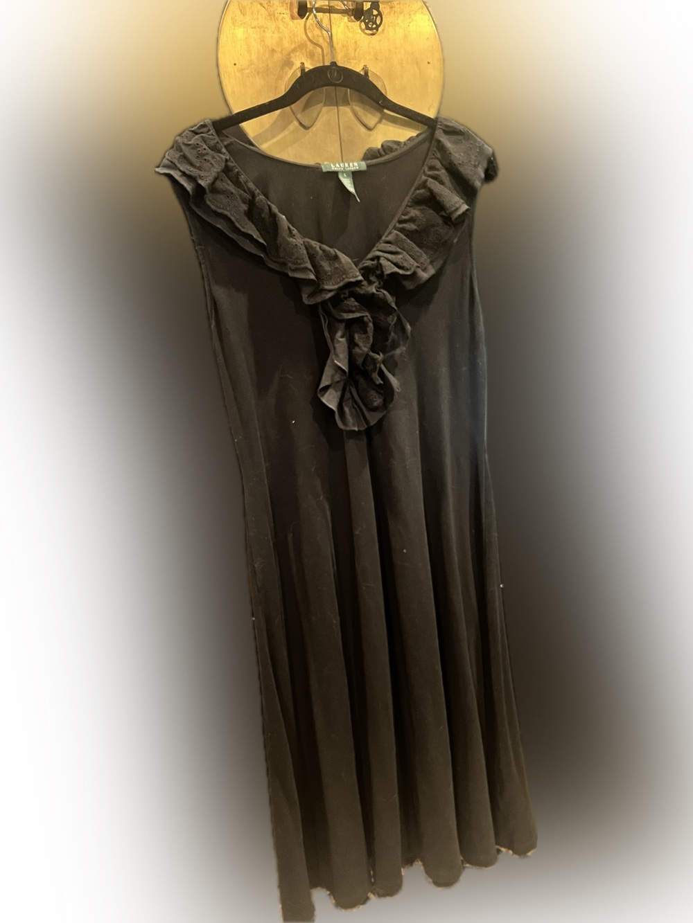 Lauren Ralph Lauren Sleeveless Fit Flare Black Dress with Ruffle Neckline
